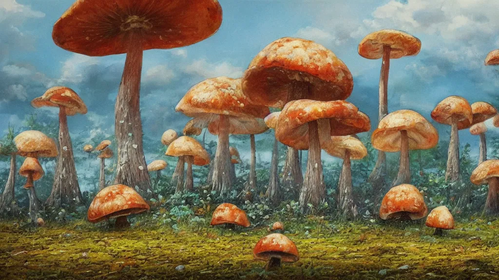 Prompt: oil painting of a fantasy landscape with giant mushrooms by hirō isono