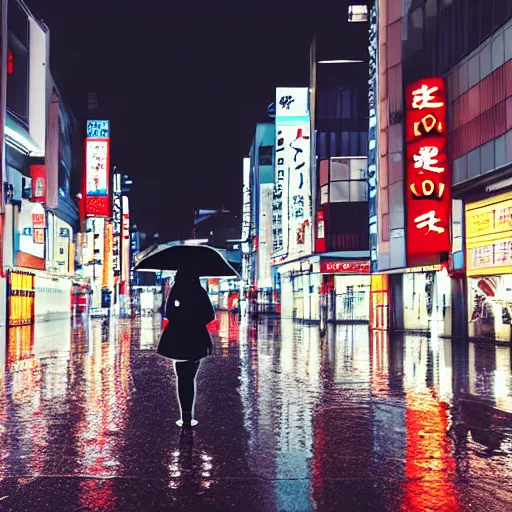 Prompt: anime girl walking in rainy osaka city center at night