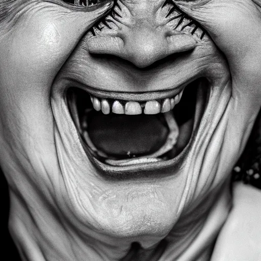 Image similar to symmetrical, close up face portrait of vampire betty white, evil grin, studio lighting, depth of field, photography, black and white, highly detailed