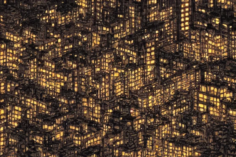 Image similar to kowloon walled city at night, by yoshitaka amano