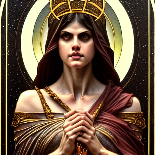 Prompt: ultra realistic tarot card illustration, a statue of glorious goddess alexandra daddario, intricate, elegant, highly detailed, digital painting, artstation, concept art, smooth, sharp focus, illustration, art by artgerm and greg rutkowski and alphonse mucha