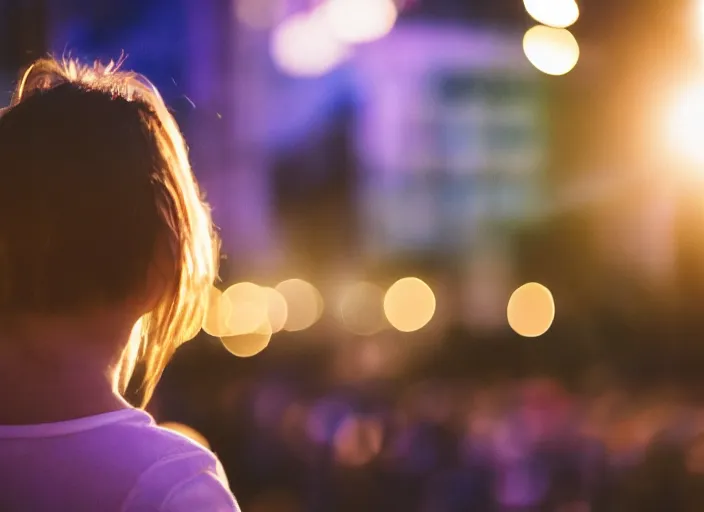 Image similar to a 2 8 mm macro photo from the back of a woman watching a parade, splash art, movie still, bokeh, canon 5 0 mm, cinematic lighting, dramatic, film, photography, golden hour, depth of field, award - winning, anamorphic lens flare, 8 k, hyper detailed, 3 5 mm film grain