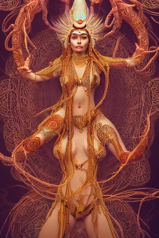 Prompt: an immaculate render of a dancing aztek goddess adorned with leaves and cables and bird wings parts, dancing in a temple surrounded by wild tentacles made from mandalas and incense smoke, full body, perfect face, powerful, cinematic, beautifully lit, by artgerm, by karol bak, 3 d, trending on artstation, octane render, 8 k