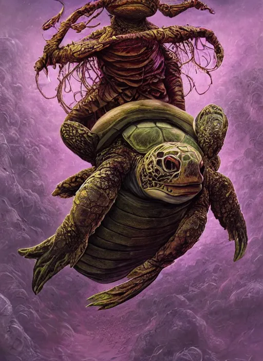 Image similar to the mock turtle, fool tarot card, highly detailed, cinematic, 8 k, by megan duncanson, benjamin lacombe, adrian borda, stanley artgermm, tom bagshaw, craig mullins, carne griffiths, ayami kojima, beksinski, giger, trending on deviantart, hyper detailed, horror, full of colour