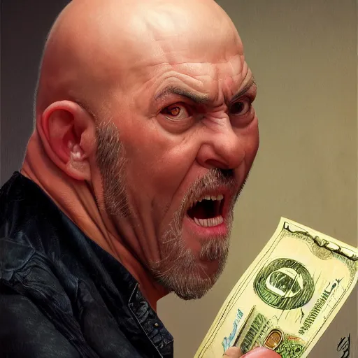 Prompt: portrait of a crazy bald man shitting money, detailed, centered, digital painting, artstation, concept art, donato giancola, Joseph Christian Leyendecker, WLOP, Boris Vallejo, Breathtaking, 8k resolution, extremely detailed, beautiful, establishing shot, artistic, hyperrealistic, octane render