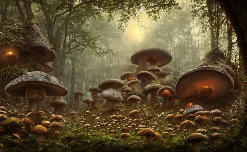 Image similar to A mushroom house in the foreground, other mushroom houses in the background, in a dark forest, macro, mysterious matte painting by greg rutkowski and marc simonetti and Ivan Shishkin