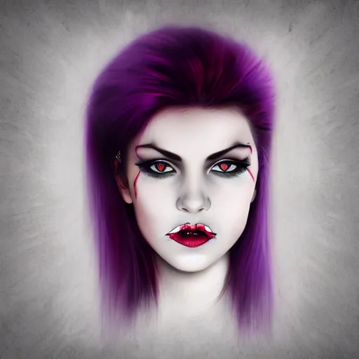 Prompt: female vampire portrait, purple hair, red eyes