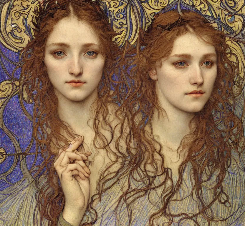 Image similar to detailed realistic beautiful young medieval queen face portrait by jean delville, alphonse mucha, vincent van gogh, and marco mazzoni, art nouveau, symbolist, visionary, gothic, pre - raphaelite
