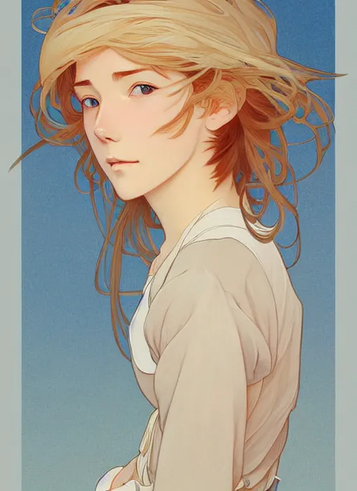 Image similar to pretty young man with shoulder length blond hair, half body shot, path traced, highly detailed, high quality, digital painting, by studio ghibli and alphonse mucha, hidari, disney, android jones, andreas rocha, conrad roset