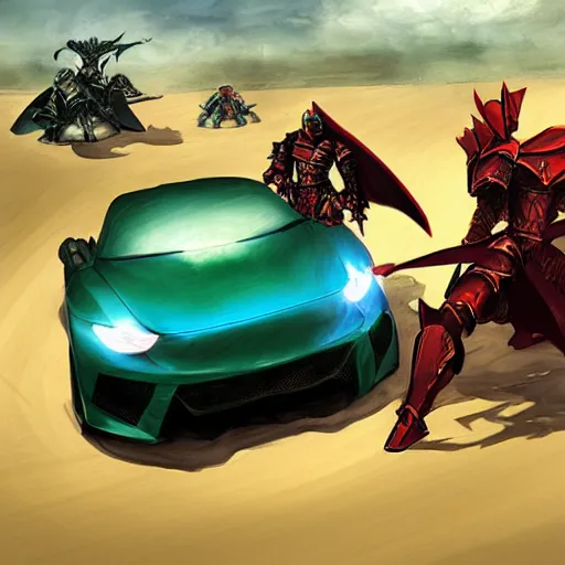 Prompt: dragon fight vs blue armor knight, green car, desert landscape, greg manchess, akehiko inoue and ross tran