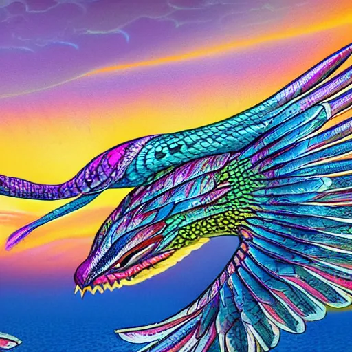 Prompt: brightly colored serpent with many wings many legs many claws partially covered in scales partially covered in feathers flying over a lake or river in the forested mountains with psychedelic sunset skies behind, 8 k, photorealistic, hyperrealism, detailed