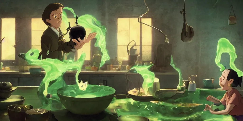 Image similar to a wholesome animation key shot of a steve buscemi with black hair as a witch cooking a magic potion in his cauldron of bubbling green liquid as his cats watch, medium shot, waist up, studio ghibli, pixar and disney animation, sharp, rendered in unreal engine 5, anime key art by greg rutkowski, bloom, dramatic lighting