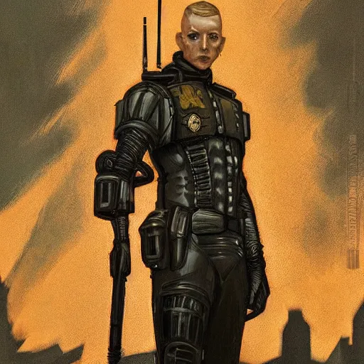 Prompt: portrait of rubbery, gaunt albino mutant with moist skin, sharp features, large lips, huge black eyes and determined expression, wearing fascist Byzantine police uniform and standing on cyberpunk docks, Dune concept art by Anato Finnstark, Alphonse Mucha, and Greg Rutkowski