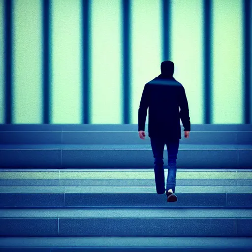 Image similar to photo - realistic, painting of a man walking alone in the boulevard of broken dreams, stairs in the background, hyper detail, sharp, in the style of beeple, mobeius, rule of thirds