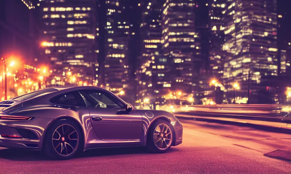 Image similar to photo of a porsche 911 at night in a city, dof, chromatic aberration, cinematic, 4k