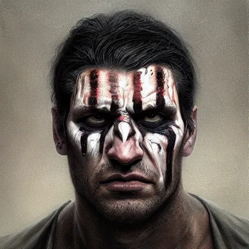 Prompt: sad portrait of frank castle the punisher, bruised, face paint, intricate, elegant, highly detailed, centered, grungy, digital painting, artstation, concept art, smooth, sharp focus, illustration, artgerm, tomasz alen kopera, artstation, boris vallejo