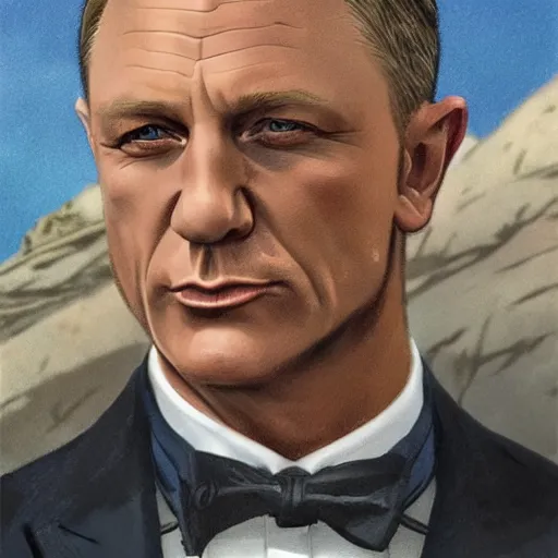 Image similar to Daniel Craig as James Bond, highly detailed, digital painting, artstation, concept art, smooth, sharp focus, illustration, ArtStation, art by artgerm and greg rutkowski and alphonse mucha and J. C. Leyendecker and Edmund Blair Leighton and Katsuhiro Otomo and Geof Darrow and Phil hale and Ashley wood and Ilya repin and Charlie Bowater