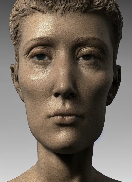 Image similar to 3D resin miniature sculpture by Jean-Baptiste Carpeaux and Donatello, woman, prefect symmetrical face, academic art, realistic, 8K, Introduction factory photo, Product Introduction Photo, Hyperrealism. Subsurface scattering, raytracing, Octane Render, Zbrush, simple background