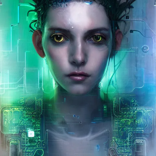 Prompt: female cyberpunk portrait by cy Twombly and BASTIEN LECOUFFE DEHARME, highly detailed circuit boards, led display, iridescent fractal, integrated wiring, high tech, neon lights, artistic