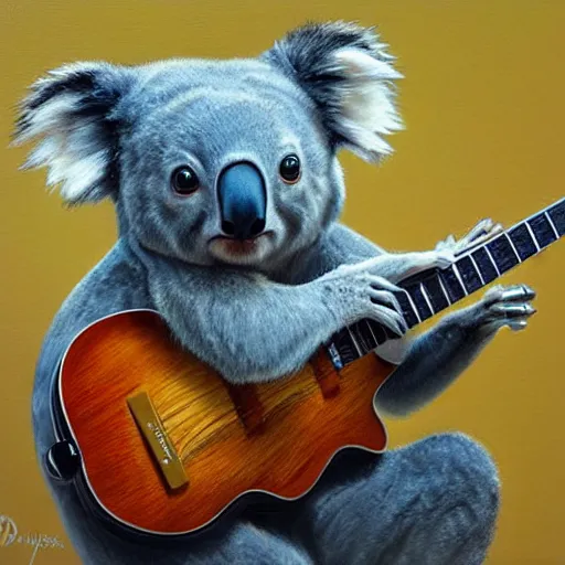 Prompt: portrait Koala playing a guitar, fine details. realistic shaded lighting by Ilya Kuvshinov Giuseppe Dangelico Pino and Michael Garmash and Rob Rey, IAMAG premiere, aaaa achievement collection, eyes open in wonder