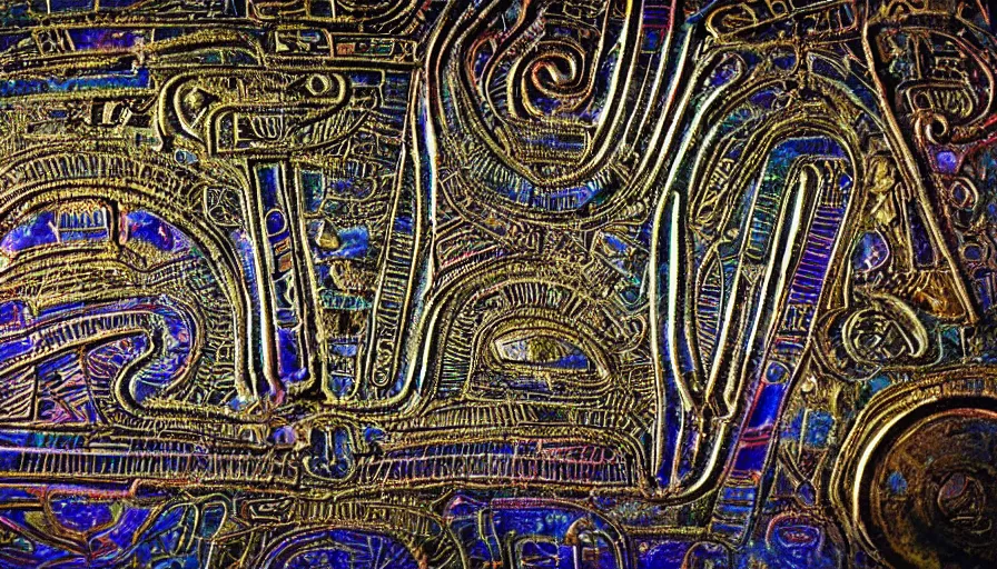 Image similar to h. r. giger hieroglyphs, sorrow intense likely, acid neochrome rainbow gold chrome metal metallic, sense of decay given, throw into the abyssal despair, various refining techniques, micro macro auto focus, top photography photo art gallery, realistic photo, insane detail