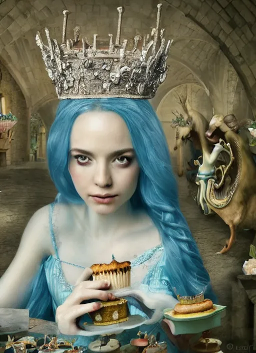 Image similar to closeup medieval bosch face portrait of a fairytale princess wearing a crown eating cakes in the castle, bikini, depth of field, zeiss lens, detailed and intricate environment, fashion photoshoot by nicoletta ceccoli, mark ryden, lostfish, breathtaking, 8 k resolution, extremely detailed, beautiful, establishing shot, artistic, hyperrealistic, octane render