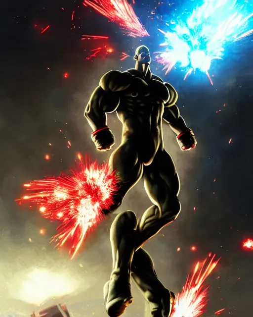 Image similar to gigachad luigi bodybuilder jumping in front of a atomic blast fighting like one punch man wearing a suit in the fight club city, fantasy character portrait, ultra realistic, anime key visual, full body concept art, intricate details, highly detailed by greg rutkowski, ilya kuvshinov, gaston bussiere, craig mullins, simon bisley