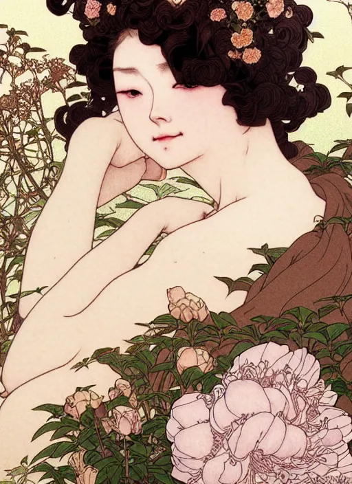 Image similar to young blond girl, macabre dark goddess of pearls and peonies, with long curly, hazelnut hair, perfectly proportioned face, brown eyes, sweet smile, strong jawline, by takato yamamoto, natural lighting, path traced, highly detailed, high quality, cartoon, digital painting, by new haicheng and studio ghibli, alphonse mucha