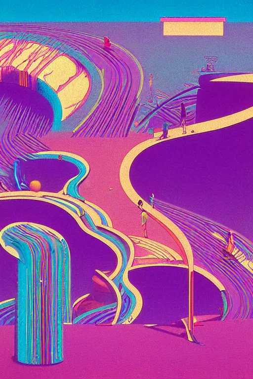 Prompt: 8 0 s art deco desert road swimmingpool, cinematic dramatic cyberpunk textural fluid lines purple, pink, blue, green. otherworldly vaporwave interesting details fantasy lut epic composition by basquiat zdzisław beksinski james jean artgerm rutkowski moebius francis bacon gustav klimt