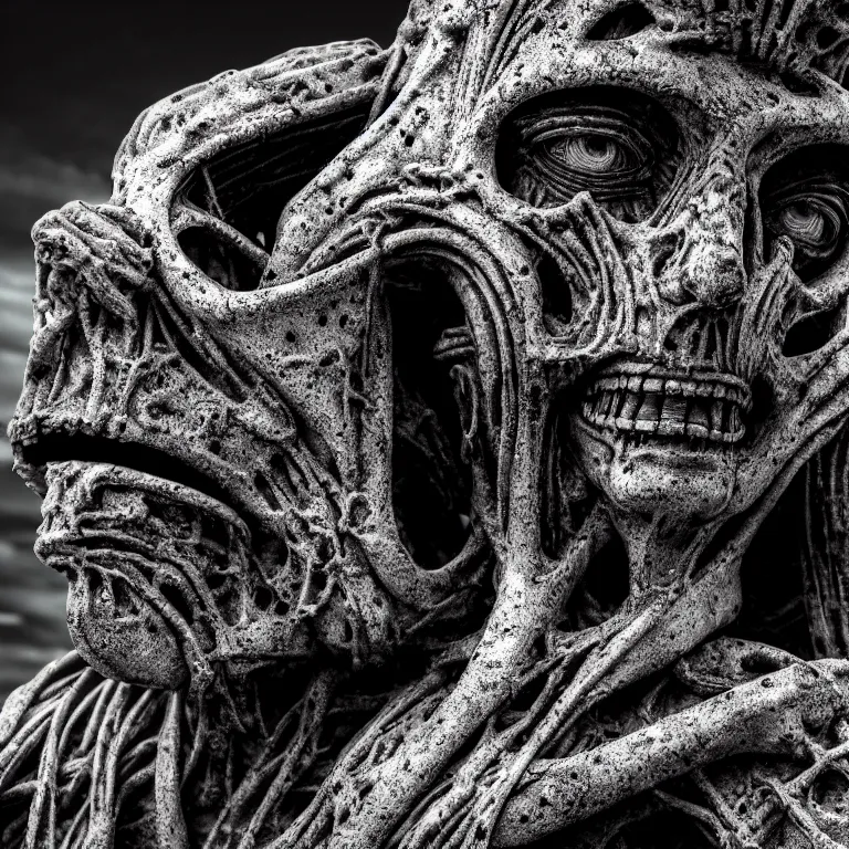 Prompt: closeup portrait of surreal mysterious abandoned ribbed broken old statue designed by Giger in the foreground, in wastelands on exoplanet at night, dark clouds, dark washed tint black, dream-like heavy atmosphere, dark baroque painting, beautiful detailed intricate insanely detailed octane render trending on Artstation, 8K artistic photography, photorealistic, dramatic cinematic perfect light, harsh flash photography, chiaroscuro, award-winning photograph, masterpiece, Raphael, Caravaggio, Beksinski, Giger