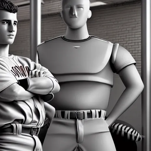 Image similar to a realistic detailed photo of a guy who is an attractive humanoid who is half robot and half humanoid, who is a male android, attractive and handsome baseball players, shiny skin, posing like a statue, blank stare, in a factory, on display, showing off his muscles, wearing baseball uniforms, side view, looking at each other mindlessly