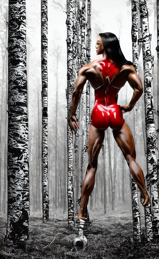 Image similar to photo of superbodybuilder woman posing standing with back in birch forest in jeff koons hip hop bauhaus style, beautiful detailed face, ultra realistic, concept art, intricate details, serious, highly detailed, photorealistic, octane render, 8 k, unreal engine, natural light, art by todd mcfarlane