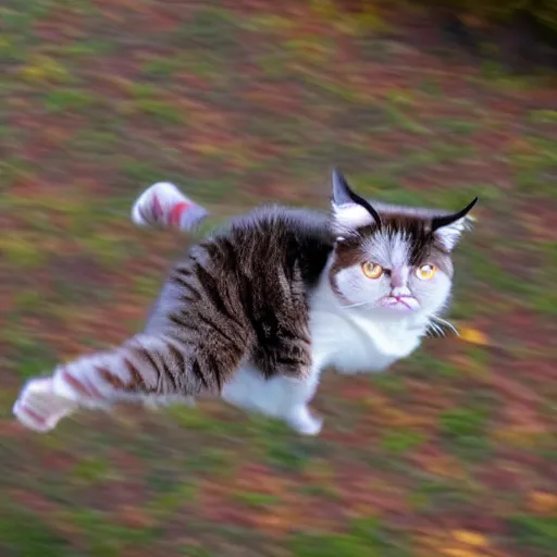 Image similar to photo of hyperspeed flying through outer space, blurry grumpy cat running fast with motion blur