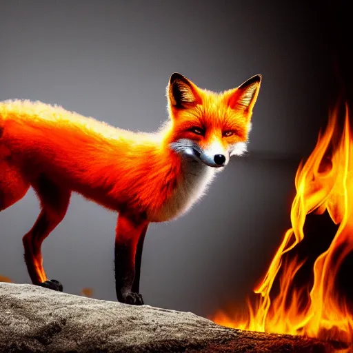 Image similar to A flaming fox standing and posing for the photo, dark background