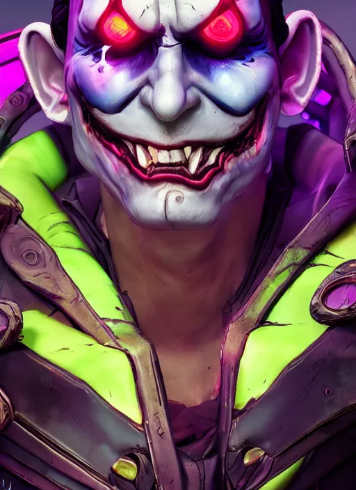 Prompt: glowwave portrait of joker from borderlands 3, au naturel, hyper detailed, digital art, trending in artstation, cinematic lighting, studio quality, smooth render, unreal engine 5 rendered, octane rendered, art style by klimt and nixeu and ian sprigger and wlop and krenz cushart.