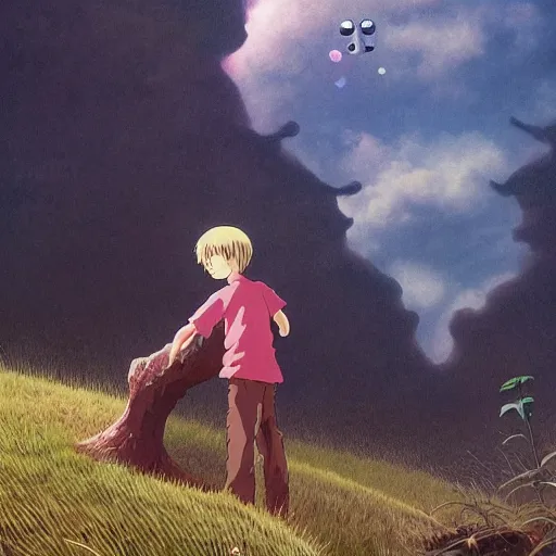 Prompt: friendly guy and small creature , with Fragile looking character portrait face made by Studio Ghibli highly detailed art, beautiful scene, sharp focus, smooth, 8k, anime art made by zdzisław beksiński