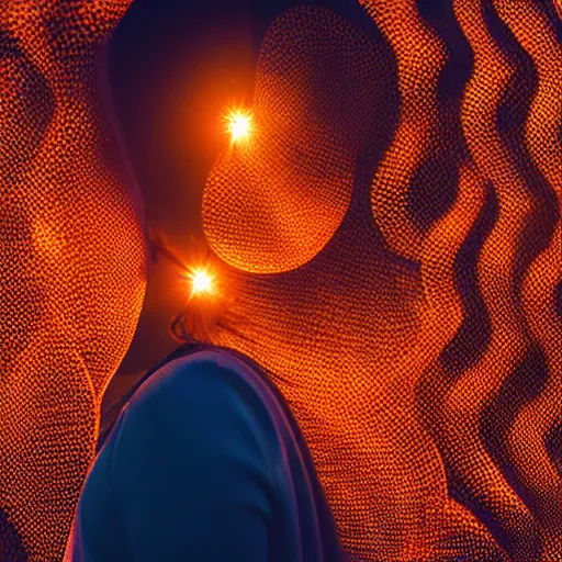 Prompt: a photo of a beautiful female made or of biomorphic honeycombs, 5 0 mm lens, f 1. 4, sharp focus, ethereal, emotionally evoking, head in focus, volumetric lighting, 8 k