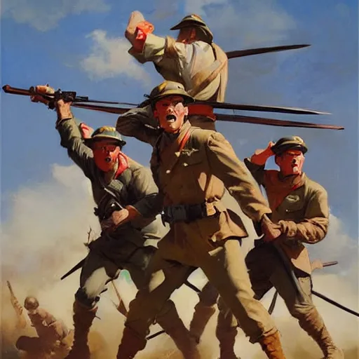 Image similar to greg manchess painting of a propganda poster of a group of men charging at the enemy wearing military uniform, painting, trending on artstation, by huang guangjian and gil elvgren and sachin teng