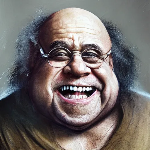 Image similar to hyperrealistic mixed media high resolution painting of !!Danny DeVito!! (dwarf) Lord of the Rings, stunning 3d render inspired art by Jamie Salmon and István Sándorfi and Unreal Engine and Greg Rutkowski, perfect facial symmetry, dim volumetric lighting, 8k octane beautifully detailed render, full body shot, post-processing, extremely hyper-detailed, intricate, epic composition, highly detailed attributes, highly detailed atmosphere, cinematic lighting, masterpiece, trending on artstation, very very detailed, masterpiece, stunning, flawless completion, lifelike texture, perfection,