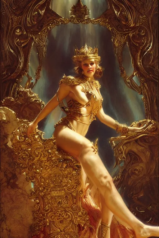 Prompt: full body portrait of muse queen astride her throne, highly detailed painting by gaston bussiere, craig mullins, j. c. leyendecker, 8 k, mid shot