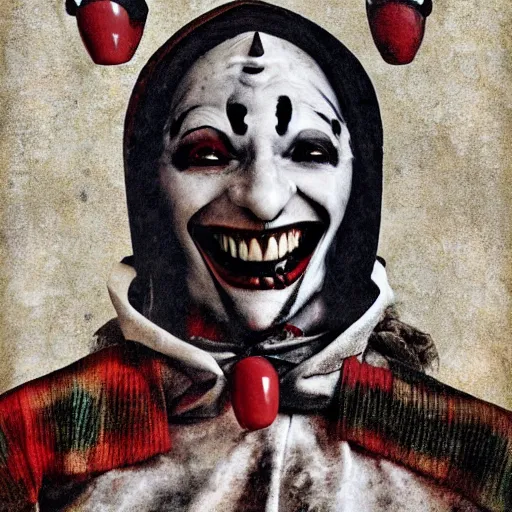 Image similar to medieval jester, sinister, photograph, portrait,