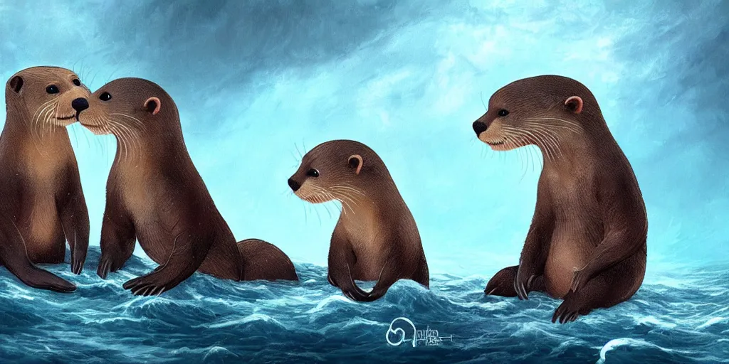 Prompt: Two adorable otters falling in love holding hands side by side, all alone in the middle of a scary storm at sea, fantasy illustration, cinematic, award winning, romantic, detailed trending on artstation, masterpiece