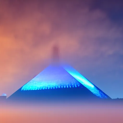 Image similar to big pyramid with blue glow lights and huge spaceship in sky, fog in background, realistic, 2 0 mm cinematic looking, drama, scary