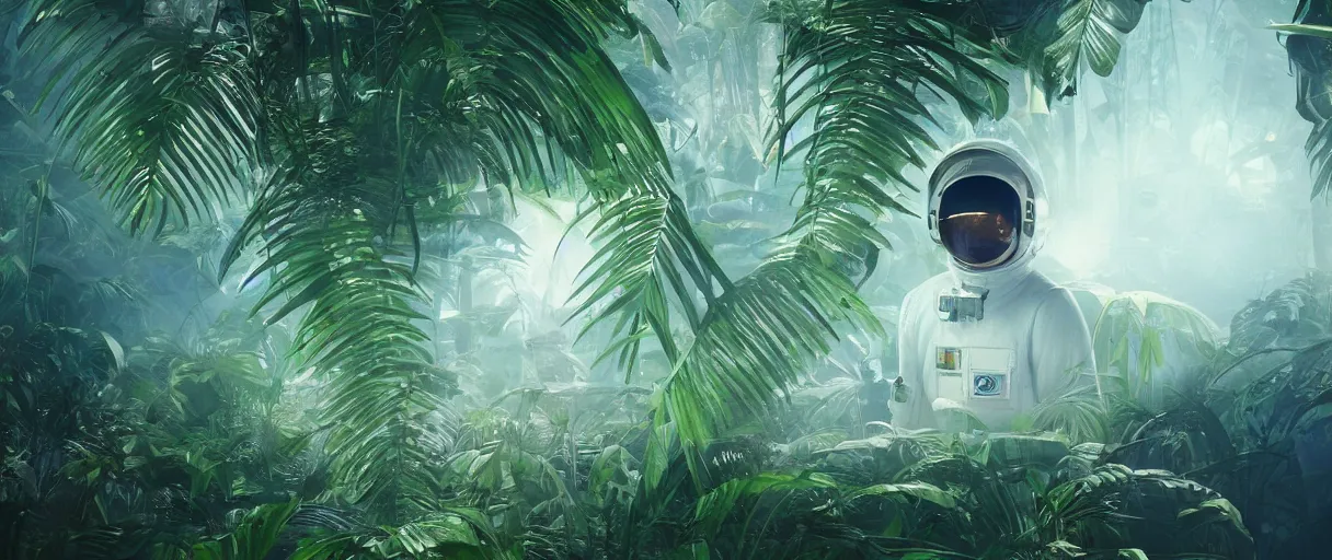 Prompt: close - up portrait of space astronaut flying inside tropical jungle with palm leaves, small foggy and gloomy blue lights, 5 0 mm, bokeh background, highly detailed science fiction illustration by jeremy geddes. photorealistic, octane render, hyper detailed, 8 k, movie still, artstation, unreal engine