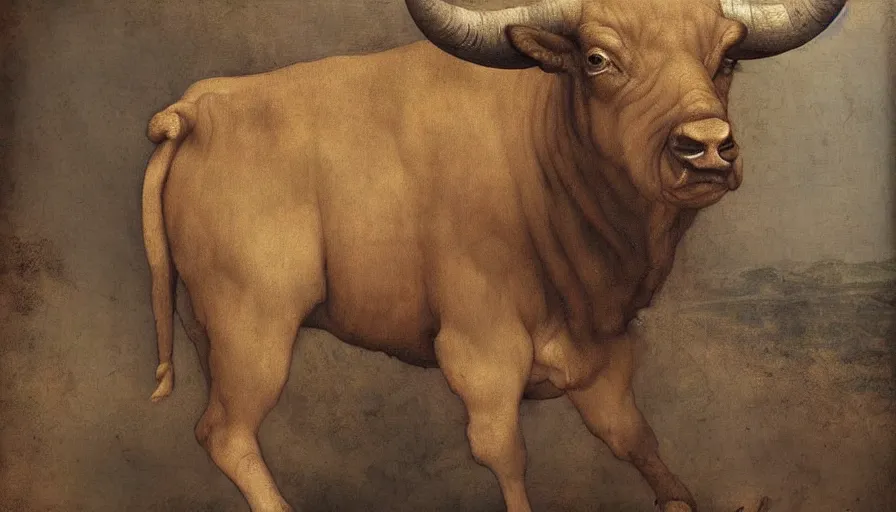 Prompt: bull headed human mugshot by leonardo da vinci, brown skin, classical painting, digital painting, romantic, vivid color, oil painting