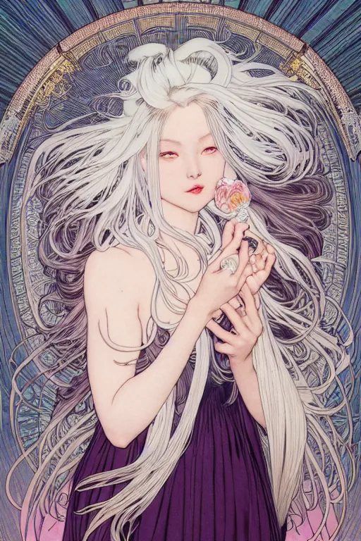 Prompt: magnum opus portrait professional photograph female holding white hair glowing, blush, pleated skirt, flowing hair, slim face, elegant, yukito kishiro, by yoichi hatakenaka, alphonse mucha, masamune shirow, josan gonzales and dan mumford, ayami kojima, takato yamamoto, barclay shaw, karol bak