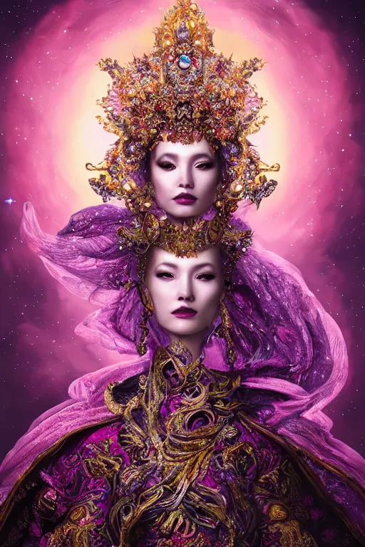 Image similar to a beautiful empress portrait, with a brilliant, impossible striking big cosmic galaxy headpiece, clothes entirely made out of cosmos chaos energy, symmetrical, dramatic studio lighting, rococo, baroque, jewels, asian, hyperrealism, closeup, D&D, fantasy, intricate, elegant, highly detailed, digital painting, artstation, octane render, 8k, concept art, matte, sharp focus, illustration, art by Artgerm and Greg Rutkowski and Alphonse Mucha