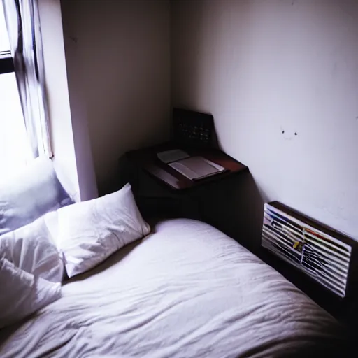 Image similar to dimly lit bedroom, looking down at the edge of a bed, sheets are ruffled, a computer sits on a desk nearby