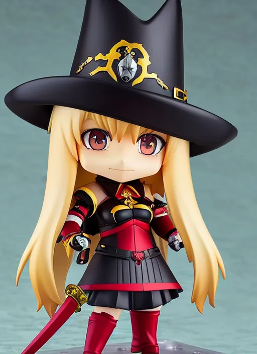 Prompt: nendoroid anime beautiful female witch with long blonde hair and a sword in her hands, red eyes, pretty symmetrical face, fullbody, black and red armor, magic, anime, nendoroid, magical, motes of light