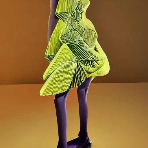 Image similar to woman wearing a cup ramen dress designed by issey miyake